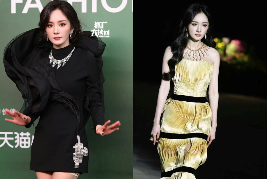 Tuy nhiên, nhiều ngôi sao trong sự kiện kỷ niệm 20 năm của Vogue bị chê vì cách chọn trang phục, trong đó Dương Mịch xuất hiện lần nào cũng gây tranh cãi. Bộ trang phục thảm đỏ của cô là thiết kế hoa mẫu đơn đen huyền bí trong BST haute couture Thu Đông 2025 của Stéphane Rolland. Chiếc váy ngắn khoe đôi chân dài trứ danh, tuy nhiên cách trang điểm và thiết kế bị đánh giá nhấn chìm nhan sắc nữ diễn viên. Trong khi đó, bộ váy vàng là trang phục cao cấp Xuân Hè 2025 của Schiaparelli, kết hợp trang sức cao cấp Boucheron, lại bị ví như chiếc chổi. duong-mich.jpg