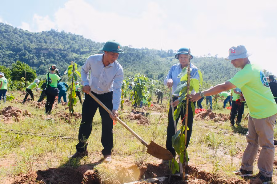 Các đại biểu tham gia trồng cây xanh tại thao trường Ban Chỉ huy Quân sự huyện Ia Pa. Ảnh: Vũ Chi