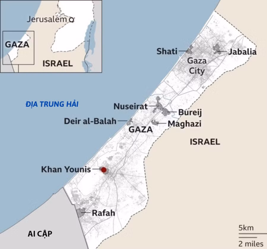 Vị trí các đô thị ở Dải Gaza. Đồ họa: BBC Vị trí các đô thị ở Dải Gaza. Đồ họa: BBC