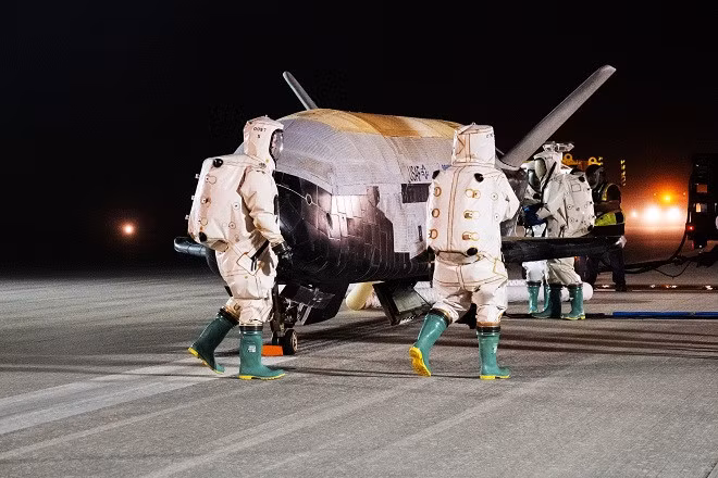 Kỹ thuật viên kiểm tra tàu vũ trụ không người lái X-37B của Mỹ. Ảnh: Không quân Mỹ Kỹ thuật viên kiểm tra tàu vũ trụ không người lái X-37B của Mỹ. Ảnh: Không quân Mỹ