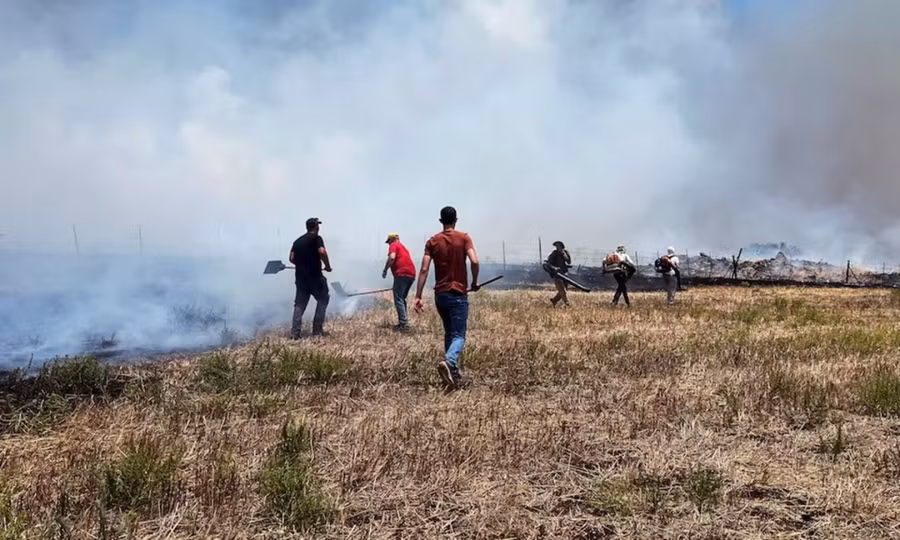 Người Israel dập một đám cháy sau cuộc tấn công của Hezbollah ngày 6/7. Ảnh: Reuters