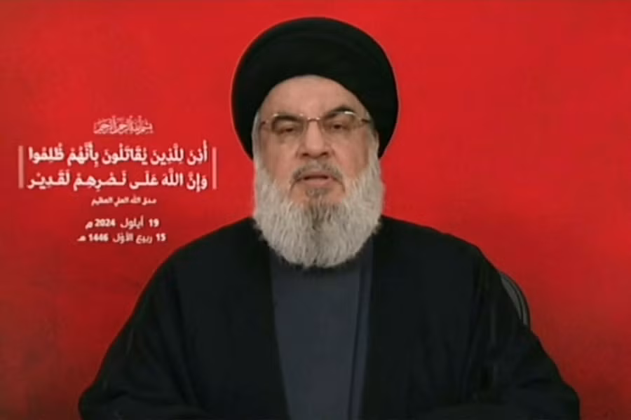 Thủ lĩnh Hezbollah phát biểu lên án Israel trên truyền hình ngày 19/9. Ảnh: AFP