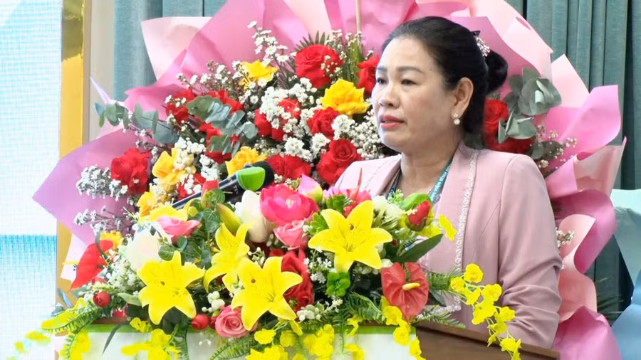 Phó Chủ tịch HĐND tỉnh Huỳnh Thúy Vân phát biểu tại hội nghị. Ảnh: Phan Tuấn