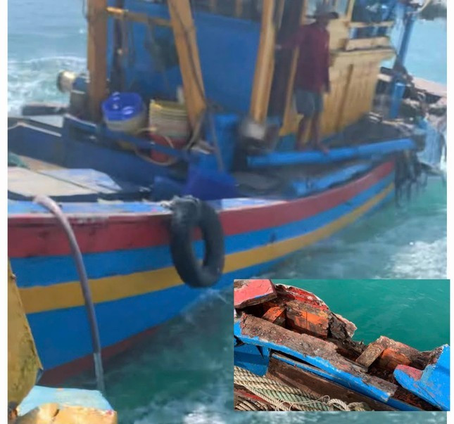 Tàu cá ngư dân bị nhiều tàu giã cào bao vây, tông gây hư hỏng. Tàu cá ngư dân bị nhiều tàu giã cào bao vây, tông gây hư hỏng.