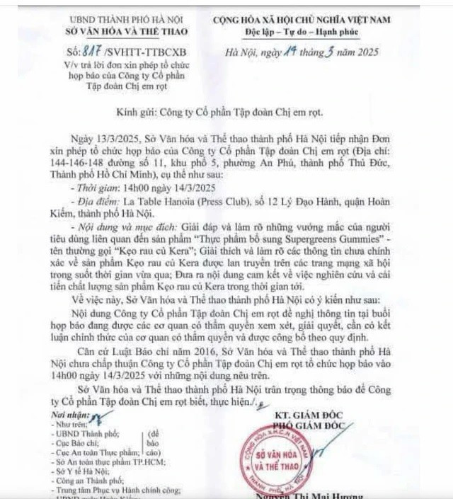 Sở Văn hóa và Thể thao Hà Nội chưa chấp thuận tổ chức họp báo về kẹo rau củ Kera. Ảnh: nld.com.vn 2.jpg