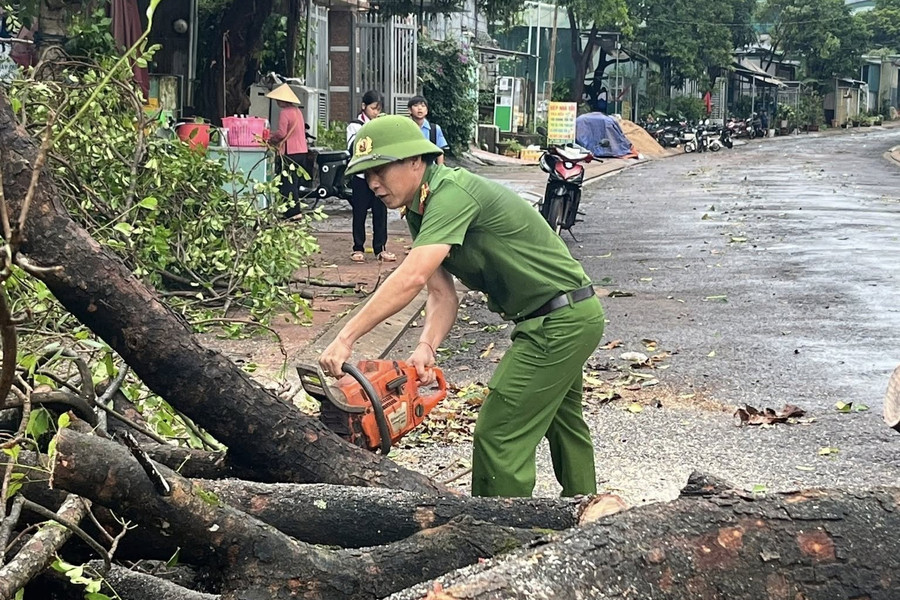 Lực lượng Công an cắt dọn cây đổ trên tuyến đường chính tại xã Đức Cơ. Ảnh: D.C ubnd-xa-duc-co.jpg