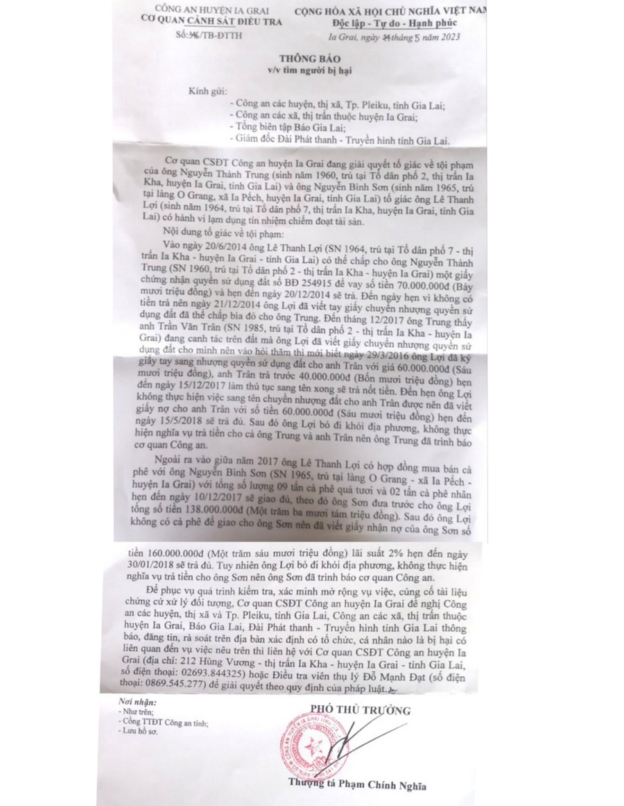 Công an huyện Ia Grai thông báo tìm bị hại có liên quan đến hành vi lạm dụng tín nhiệm chiếm đoạt tài sản. Ảnh: R'Ô HOK Công an huyện Ia Grai thông báo tìm bị hại có liên quan đến hành vi lạm dụng tín nhiệm chiếm đoạt tài sản. Ảnh: R'Ô HOK