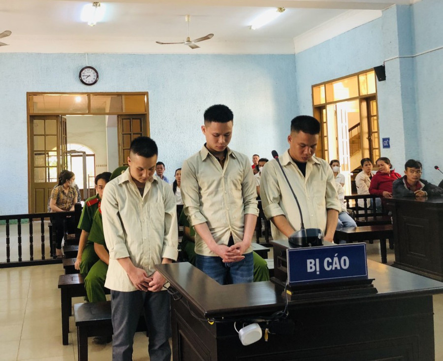 3 bị cáo, gồm: Hảo, Bình và Sơn (từ phải qua) tại phiên tòa. Ảnh: T.D