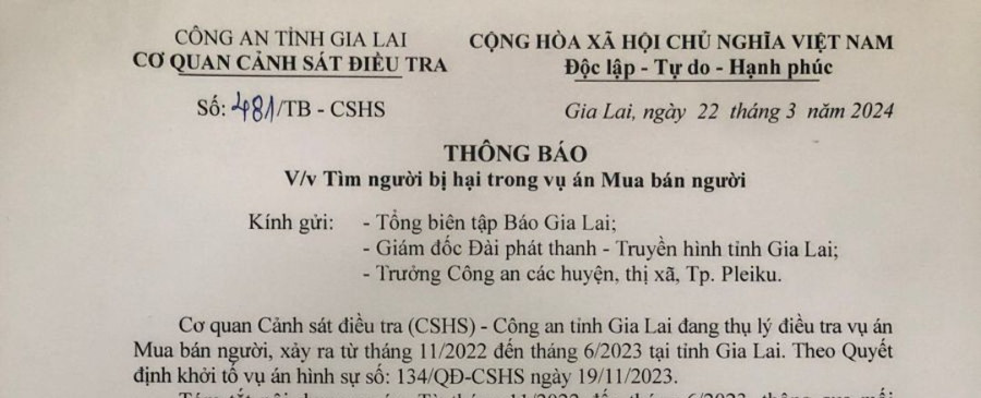 Thông báo tìm người bị hại trong vụ án mua bán người. Ảnh: R.H
