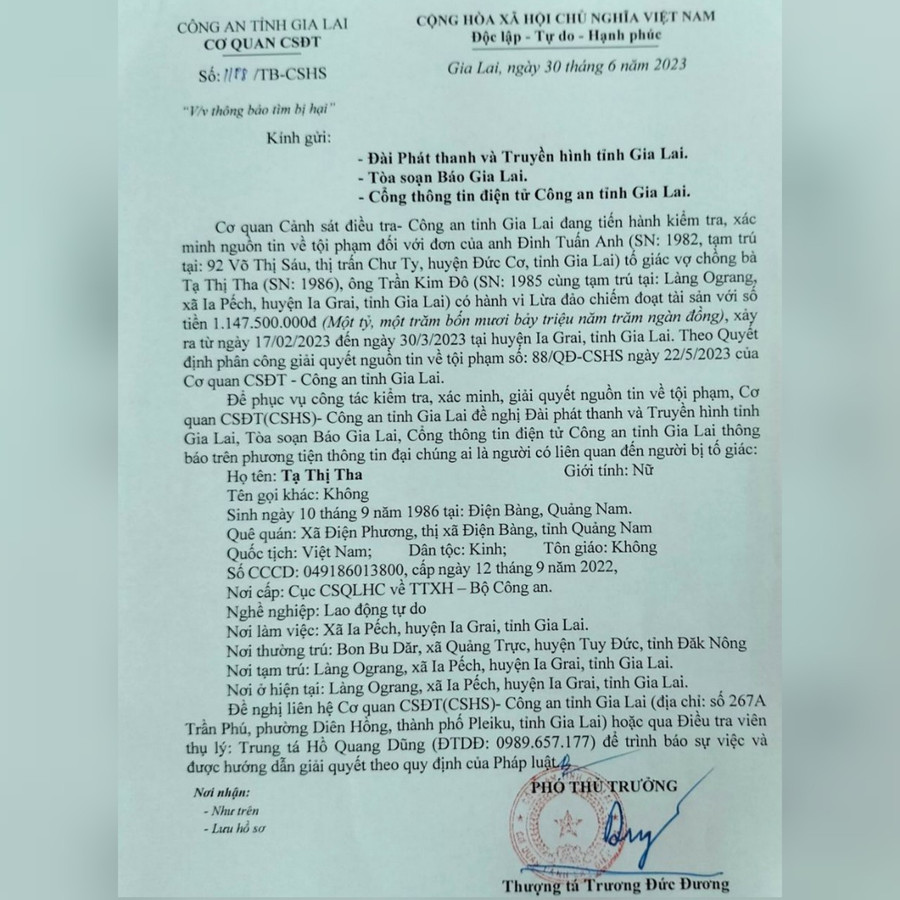 Công an tỉnh thông báo tìm bị hại có liên quan đến hành vi lừa đảo chiếm đoạt tài sản. Ảnh: R'Ô HOK Công an tỉnh thông báo tìm bị hại có liên quan đến hành vi lừa đảo chiếm đoạt tài sản. Ảnh: R'Ô HOK