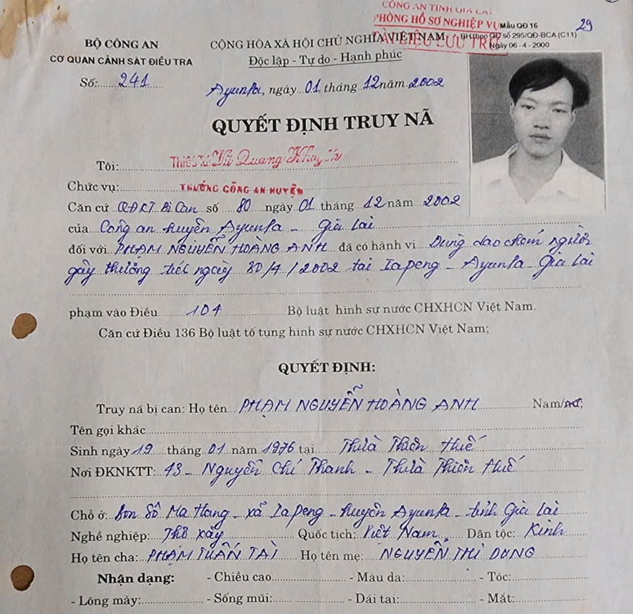 Cơ quan Cảnh sát Điều tra Công an huyện Phú Thiện đã bắt giữ đối tượng Phạm Nguyễn Hoàng Anh sau hơn 22 năm lẩn trốn.Ảnh: cơ quan Công an.