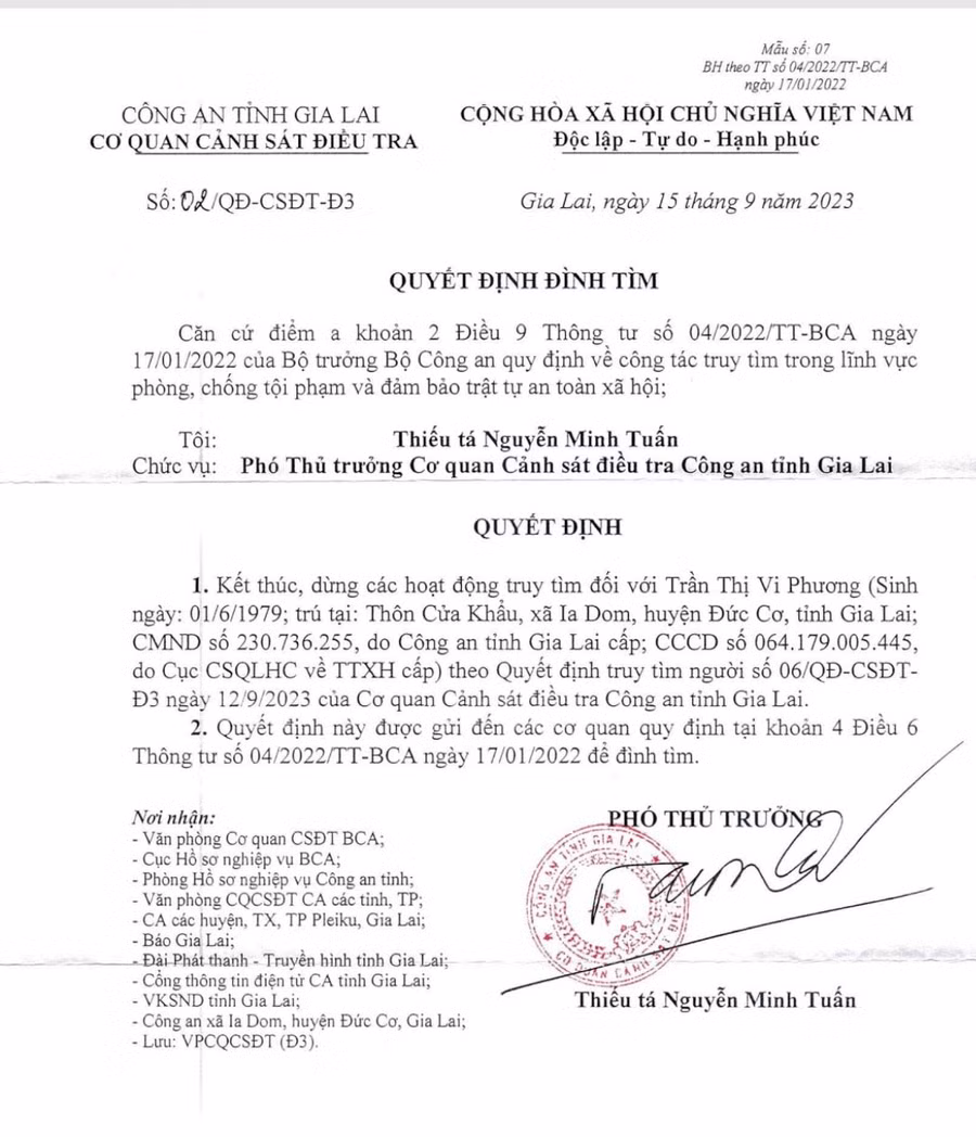 Cơ quan Cảnh sát Điều tra Công an tỉnh Gia Lai kết thúc, dừng các hoạt động truy tìm Trần Thị Vi Phương. Ảnh: R.H