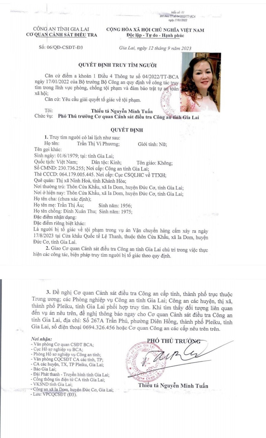 Công an tỉnh Gia Lai truy tìm đối tượng Trần Thị Vi Phương. Ảnh: R.H Công an tỉnh Gia Lai truy tìm đối tượng Trần Thị Vi Phương. Ảnh: R.H