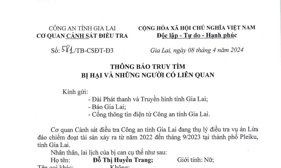 Thông báo tìm bị hại và những người có liên quan đến vụ án lừa đảo chiếm đoạt tài sản. Ảnh: R.H Thông báo tìm bị hại và những người có liên quan đến vụ án lừa đảo chiếm đoạt tài sản. Ảnh: R.H
