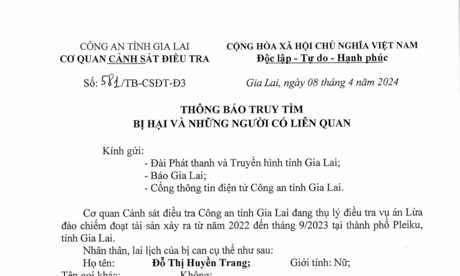 Thông báo tìm bị hại và những người có liên quan đến vụ án lừa đảo chiếm đoạt tài sản. Ảnh: R.H