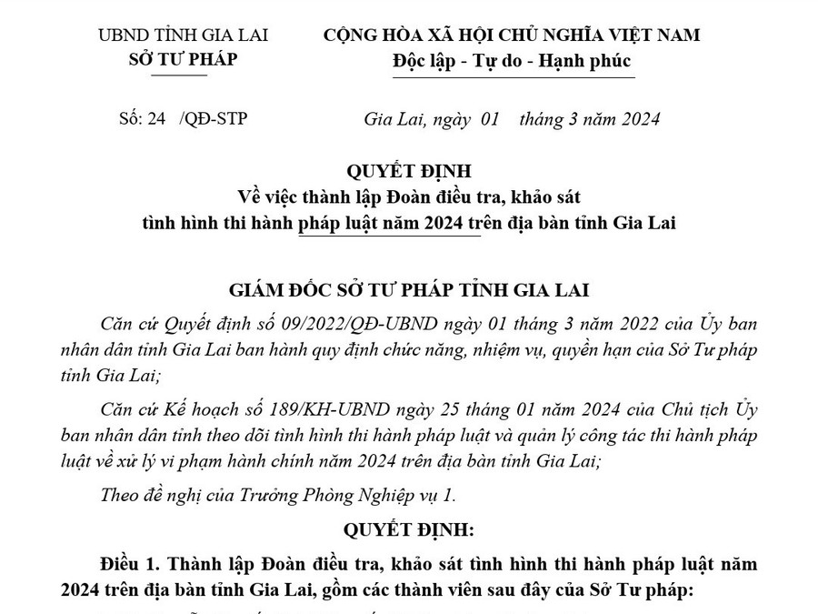 Quyết định thành lập đoàn điều tra, khảo sát tình hình thi hành pháp luật năm 2024 trên địa bàn tỉnh Gia Lai.Ảnh: R.H