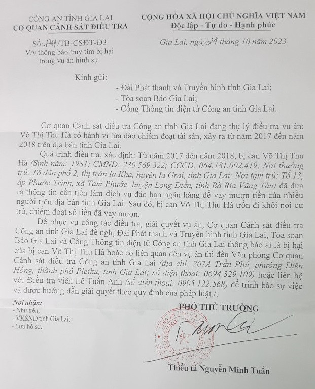 Công an tỉnh Gia Lai truy tìm bị hại trong vụ án lừa đảo chiếm đoạt tài sản Công an tỉnh Gia Lai truy tìm bị hại trong vụ án lừa đảo chiếm đoạt tài sản