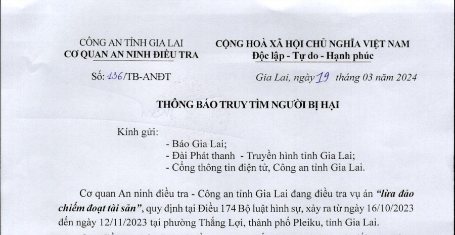 Cơ quan An ninh điều tra truy tìm bị hại liên quan đến vụ án lừa đảo chiếm đoạt tài sản.Ảnh: R.H Cơ quan An ninh điều tra truy tìm bị hại liên quan đến vụ án lừa đảo chiếm đoạt tài sản.Ảnh: R.H
