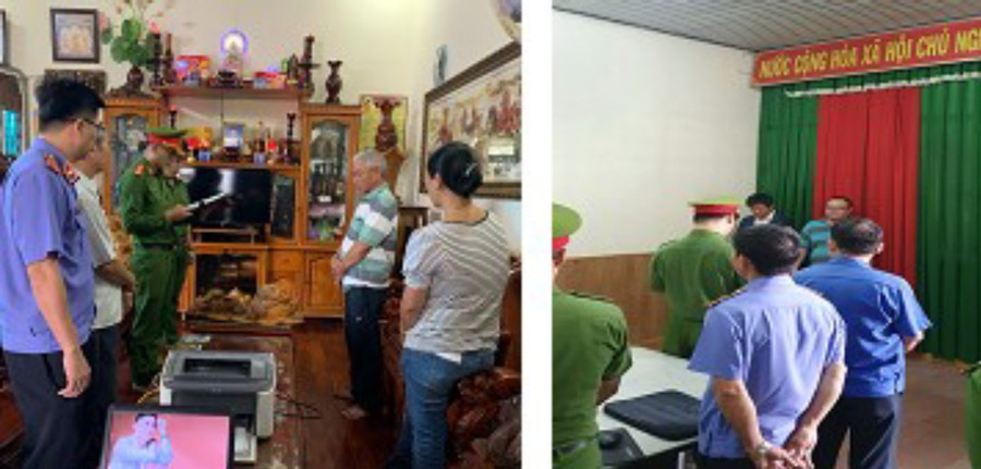 Cơ quan chức năng thi hành quyết định khởi tố bị can, lệnh bắt bị can để tạm giam và khám xét chỗ ở, nơi làm việc đối với các bị can. Ảnh: Thế Vũ Cơ quan chức năng thi hành quyết định khởi tố bị can, lệnh bắt bị can để tạm giam và khám xét chỗ ở, nơi làm việc đối với các bị can. Ảnh: Thế Vũ