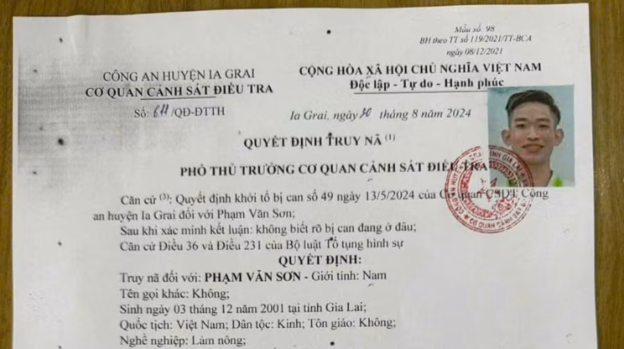 Công an huyện Ia Grai truy nã đối tượng Phạm Văn Sơn về tội gây rối trật tự công cộng. Ảnh: Công an huyện Ia Grai