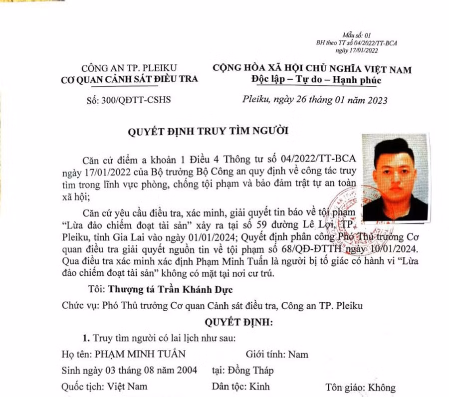 Cơ quan Cảnh sát Điều tra Công an TP. Pleiku truy tìm Phạm Minh Tuấn. Ảnh: R.H Cơ quan Cảnh sát Điều tra Công an TP. Pleiku truy tìm Phạm Minh Tuấn. Ảnh: R.H