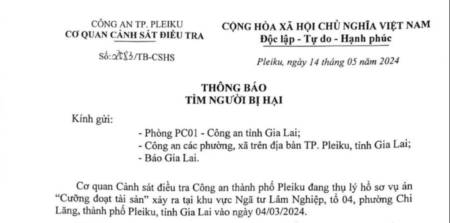 Cơ quan Cảnh sát Điều tra Công an TP. Pleiku thông báo tìm bị hại trong vụ án cưỡng đoạt tài sản. Ảnh: R.H