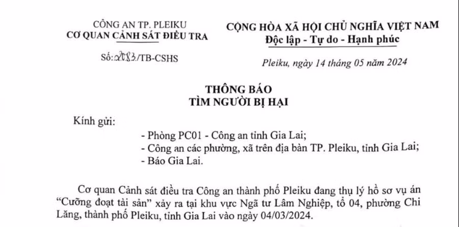 Cơ quan Cảnh sát Điều tra Công an TP. Pleiku thông báo tìm bị hại trong vụ án cưỡng đoạt tài sản. Ảnh: R.H