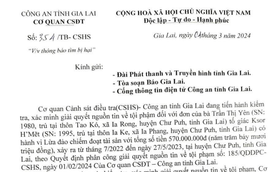Cơ quan Cảnh sát điều tra thông báo tìm bị hại liên quan hành vi lừa đảo chiếm đoạt tài sản. Ảnh: R.H Cơ quan Cảnh sát điều tra thông báo tìm bị hại liên quan hành vi lừa đảo chiếm đoạt tài sản. Ảnh: R.H