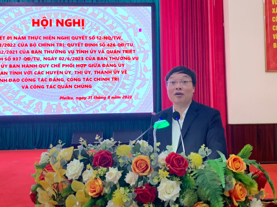 Chủ tịch UBND tỉnh Trương Hải Long phát biểu tại hội nghị. Ảnh: R'Ô HOK