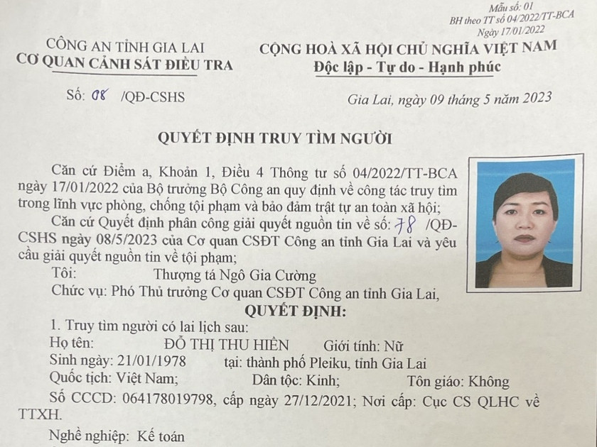 Quyết định truy tìm bà Đỗ Thị Thu Hiền. Ảnh: Công an tỉnh Gia Lai