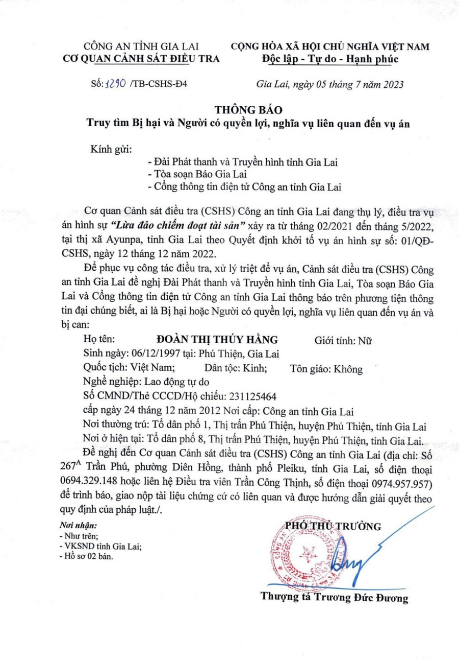 Công an tỉnh Gia Lai thông báo tìm bị hại và người có quyền lợi, nghĩa vụ liên quan đến hành vi lừa đảo chiếm đoạt tài sản. Ảnh: R'Ô HOK Công an tỉnh Gia Lai thông báo tìm bị hại và người có quyền lợi, nghĩa vụ liên quan đến hành vi lừa đảo chiếm đoạt tài sản. Ảnh: R'Ô HOK