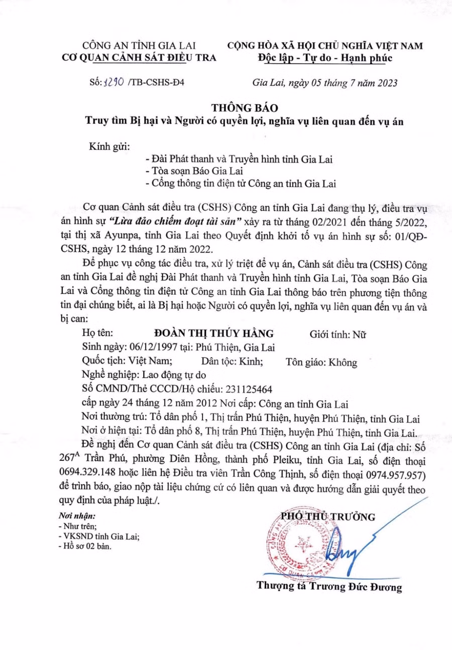 Công an tỉnh Gia Lai thông báo tìm bị hại và người có quyền lợi, nghĩa vụ liên quan đến hành vi lừa đảo chiếm đoạt tài sản. Ảnh: R'Ô HOK
