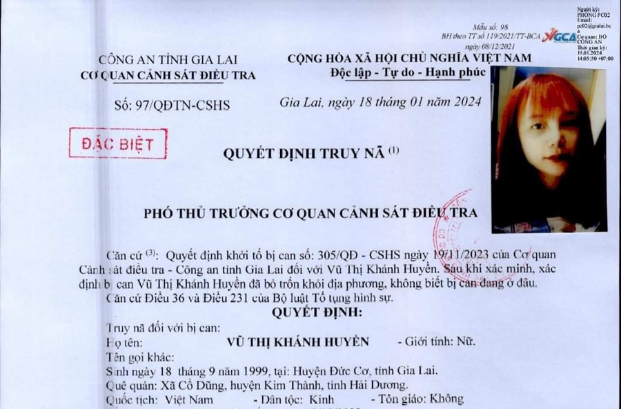 Công an tỉnh Gia Lai truy nã đối tượng Vũ Thị Khánh Huyền về tội mua bán người. Ảnh: R.H