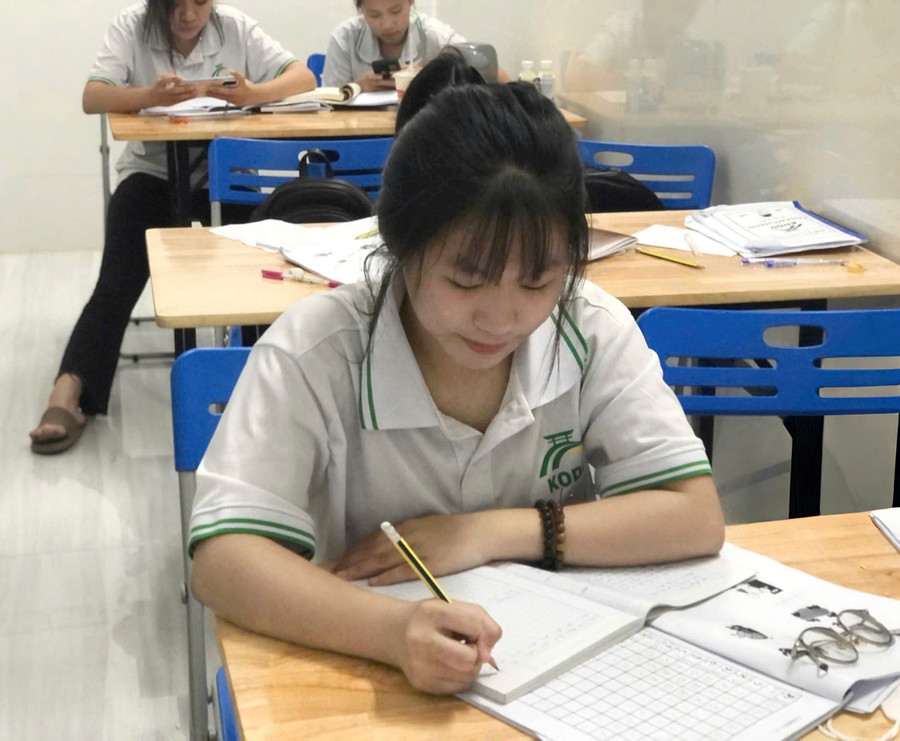 Bạn Nguyễn Thị Trúc Mai (học sinh lớp 12A9, Trường THPT Phan Bội Châu, phường Bồng Sơn) đã quyết định học tiếng Nhật và đi xuất khẩu lao động. Ảnh: Đồng Lai dd.jpg