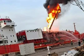 Tàu Orinda bốc cháy sau khi bị thiết bị bay không người lái của Nga tấn công tại thành phố cảng Izmail, tỉnh Odessa của Ukraine vào ngày 17-11. Ảnh: Tổng cục Hàng hải Thổ Nhĩ Kỳ