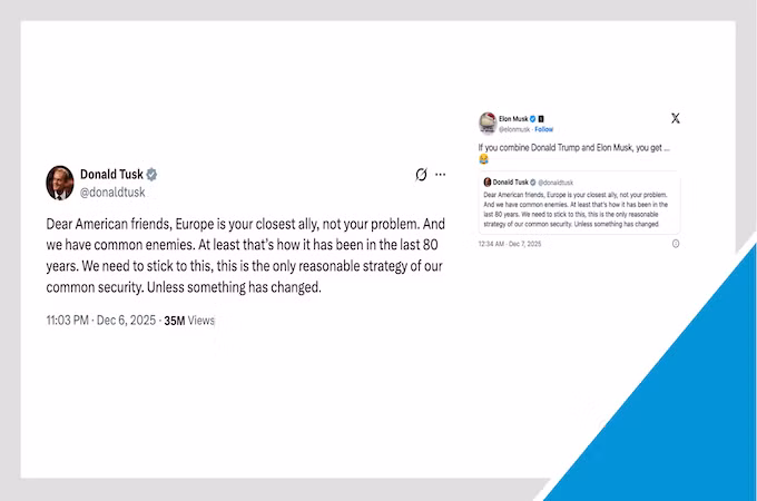 Thông điệp gửi người Mỹ của Thủ tướng Ba Lan Donald Tusk đã được CEO Tesla và chủ sở hữu X, tỷ phú Elon Musk chia sẻ, mang tới mức độ lan toả rộng rãi. Ảnh chụp màn hình tài khoản X của Thủ tướng Ba Lan Donald Tusk và tỷ phú Elon Musk