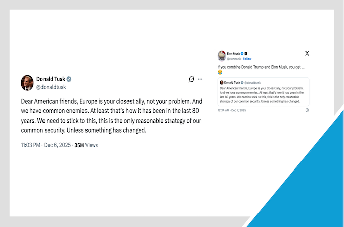 Thông điệp gửi người Mỹ của Thủ tướng Ba Lan Donald Tusk đã được CEO Tesla và chủ sở hữu X, tỷ phú Elon Musk chia sẻ, mang tới mức độ lan toả rộng rãi. Ảnh chụp màn hình tài khoản X của Thủ tướng Ba Lan Donald Tusk và tỷ phú Elon Musk