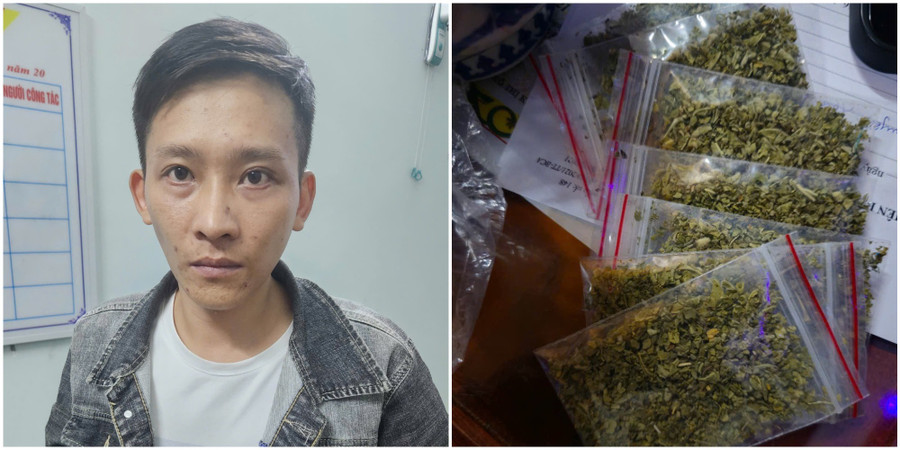 Huỳnh Quốc Thắng và số cỏ Mỹ bị thu giữ. Ảnh: Công an cung cấp pl.jpg