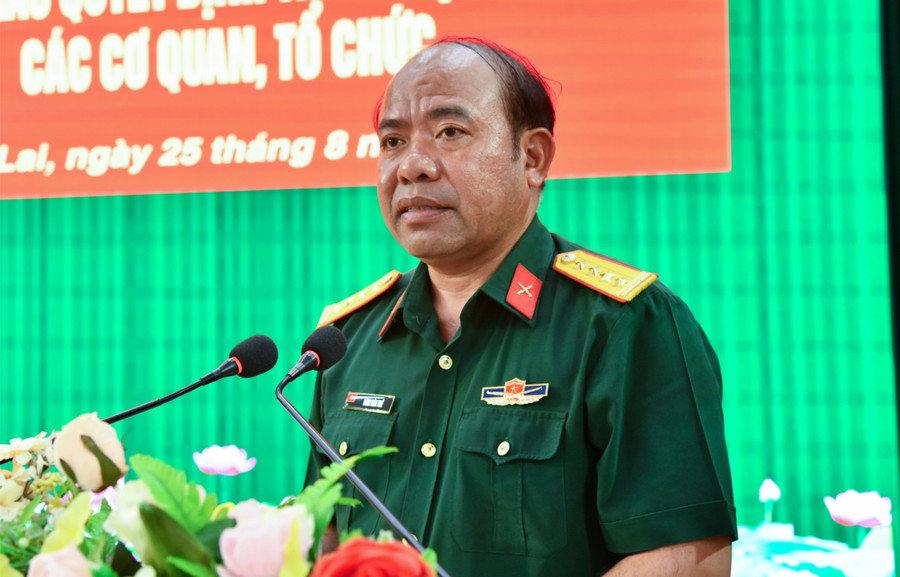 លោកវរសេនីយ៍ឯក Dinh Van The មេបញ្ជាការរង និងជានាយសេនាធិការនៃបញ្ជាការដ្ឋានយោធភូមិភាគខេត្ត អញ្ជើញថ្លែងសុន្ទរកថាណែនាំ។ រូបថត៖ Anh Tuan anh-2-8318.jpg