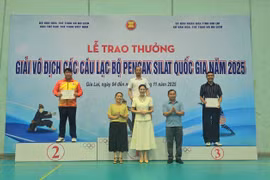 Ban tổ chức trao toàn đoàn cho các đơn vị thi đấu xuất sắc ở nhóm tuổi 15-17. Ảnh: R'Ô HOK