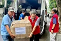 Hội Chữ thập đỏ tỉnh (cơ sở 1) tiếp nhận hàng hóa do các đơn vị ủng hộ sáng 8-10.