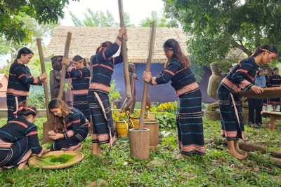 Du khách tham quan, trải nghiệm hoạt động văn hóa tại làng Ốp, phường Hoa Lư. Ảnh: Trà My