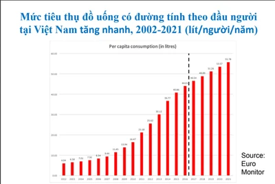 Mức tiêu thụ đồ uống có đường của người Việt tăng qua các năm. Ảnh WHO. Nguồn TTO