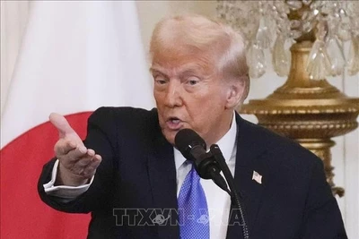 Tổng thống Mỹ Donald Trump phát biểu trong cuộc họp báo tại Nhà Trắng. Ảnh: Kyodo/TTXVN