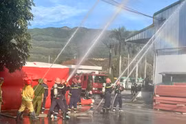 Quang cảnh buổi diễn tập phương án chữa cháy và CNCH tại Công ty Cổ phần công nghệ gỗ Đại Thành. Ảnh: N.L