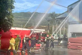 Quang cảnh buổi diễn tập phương án chữa cháy và CNCH tại Công ty Cổ phần công nghệ gỗ Đại Thành. Ảnh: N.L