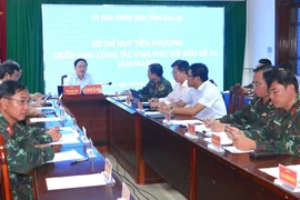 Quang cảnh cuộc họp trực tuyến kết nối điểm cầu tại trụ sở Ban Chỉ huy Phòng thủ Khu vực VI-An Nhơn Đông với 12 Sở Chỉ huy tiền phương.