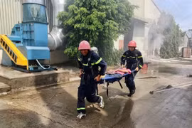 Lực lượng Cảnh sát chữa cháy chuyên nghiệp đưa nạn nhân ra khu vực an toàn. Ảnh: N.L