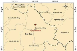 Bản đồ tâm chấn động đất 4,5 độ xã Măng But (tỉnh Quảng Ngãi). Ảnh: Viện Các Khoa học Trái đất