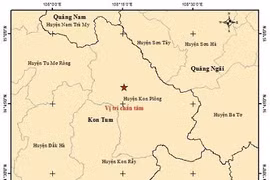 Bản đồ tâm chấn động đất 4,5 độ xã Măng But (tỉnh Quảng Ngãi). Ảnh: Viện Các Khoa học Trái đất